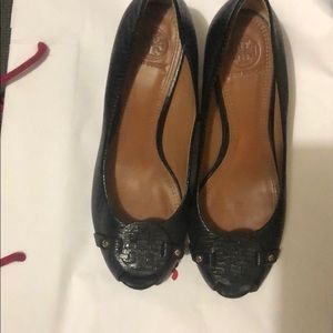 Tory Burch peep toe black wedges sz 8